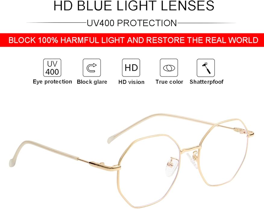 JOVAKIT Polygon Blue Light Blocking Glasses for Women Men Vintage Octagon Square Non-prescription Metal Eyeglasses