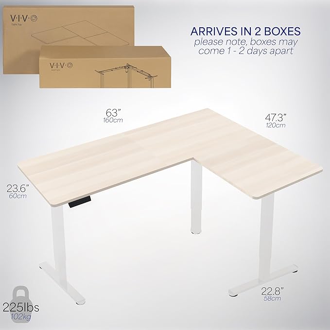 VIVO Corner Standing Desk, 63 x 47 inch Reversible L-Shaped Workstation, Electric Height Adjustment, Home, Office, and Reception Rooms, Light Wood Table Top White Frame, DESK-E3CTWC-47