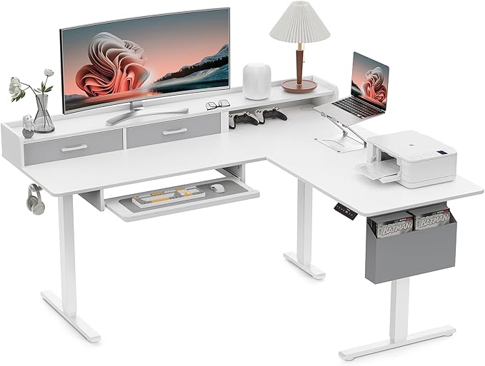 63 Inches Height Adjustable L Shaped Standing Desk with 2 Drawers and Keyboard Tray, Electric Sit to Stand Home Office Comupter Table, Ergonomic Corner Gaming Desk, White