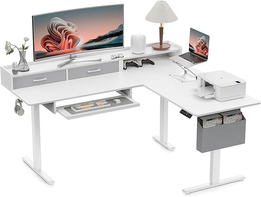 63 Inches Height Adjustable L Shaped Standing Desk with 2 Drawers and Keyboard Tray, Electric Sit to Stand Home Office Comupter Table, Ergonomic Corner Gaming Desk, White