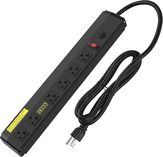 CCCEI Heavy Duty Power Strip Surge Protector 20 Amp, High Amp Industrial Shop Garage Metal Multiple Outlets, 12 FT 12 Gauge 5-15P Extension Cord 6 Outlet 6-20R T-Slot 20a for Appliance, Black.