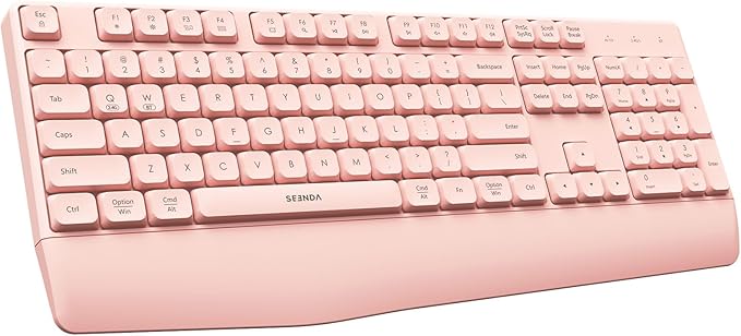 seenda Bluetooth Wireless Keyboard, Wireless Ergonomic Keyboard with Wrist Rest, Multi-Device Bluetooth Keyboard with Number Pad, Full-Size Keyboard for Computer/Laptop/Mac/MacBook, Pink