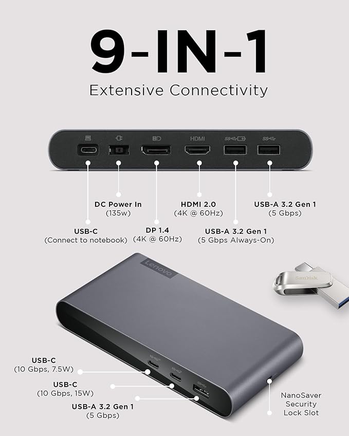 Lenovo Docking Station USB-C Universal Business Dock – Dual Display (1 DP 1.4 & 1 HDMI 2.0) – 65W Charging for Laptop (90W Power Adapter Included) – 3X USB-A & 2X USB-C Ports (Renewed)