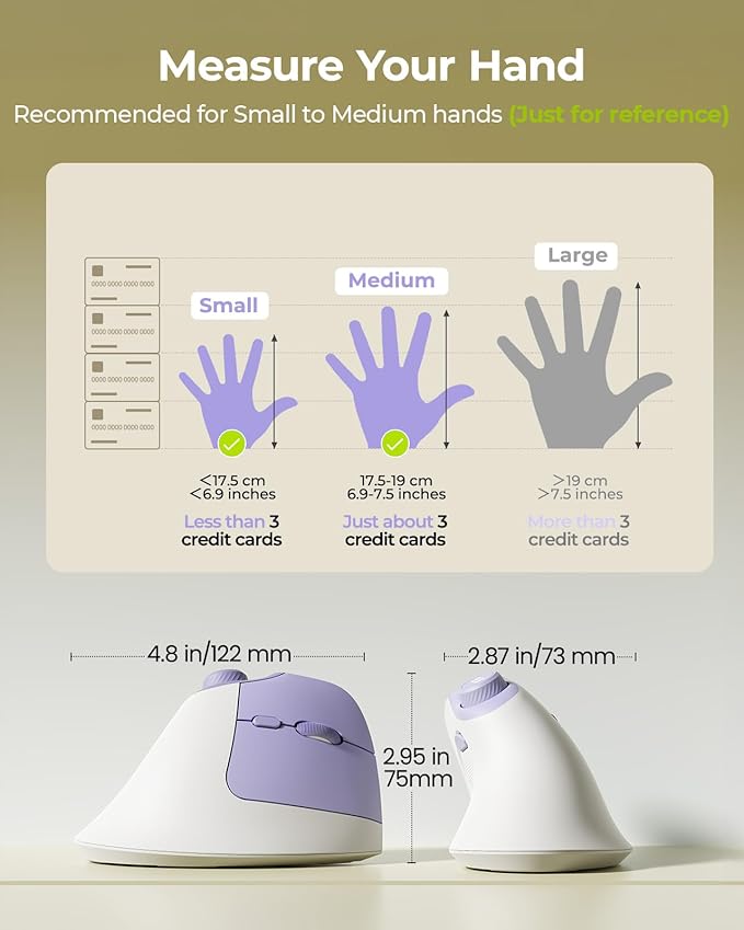 seenda Ergonomic Mouse Wireless, MOU-302 Bluetooth Vertical Mouse Rechargeable, Optical Mice with 1000/1600/2400 DPI, Volume Knob, 3 Multi-Device Connectivity for Computer/PC/Laptop/Mac, White Purple