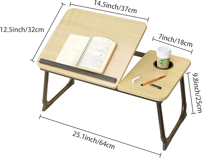 Adjustable Laptop Desk for Bed, 5-Angle Adjustable Lap Tray Table with Cup Holder, Portable Foldable Bed Desk for Eating, Working, Writing & Reading (Yellow)