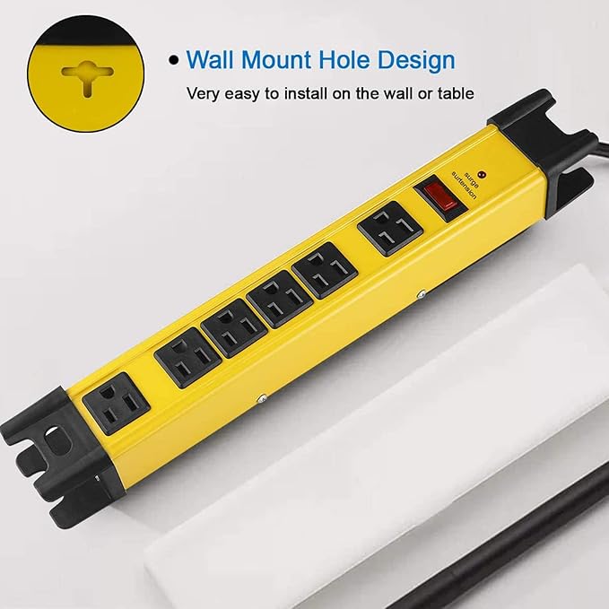 CCCEI Heavy Duty Power Strip Surge Protector - 6 Outlet Industrial Strip with 15A, 1200 Joules - ETL Listed Metal for Shop, Workshop, Garden (4FT, Yellow)