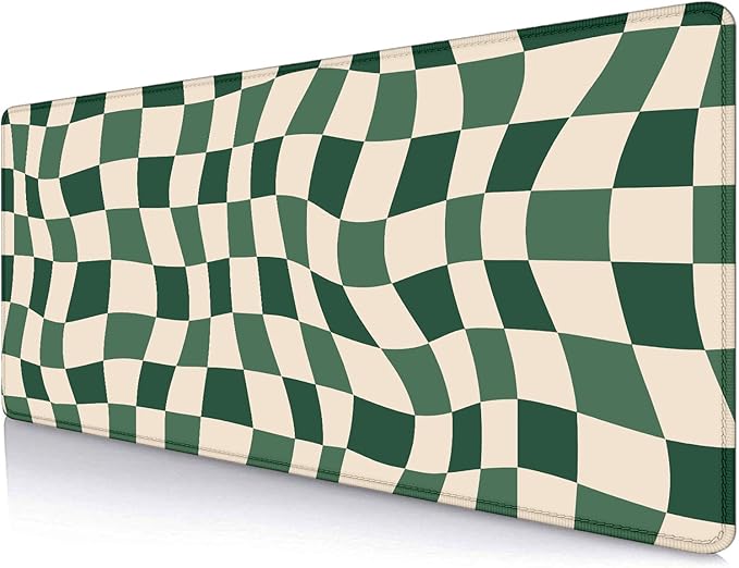 Sage Green Checkered Desk mat, Retro Boho Extra Large Mouse Pad, Abstract Wavy Desk Protector Pad, Minimal Pattern Aesthetic Writing Mat for Computer & Laptop Home Office, 31.5 X 11.8 in
