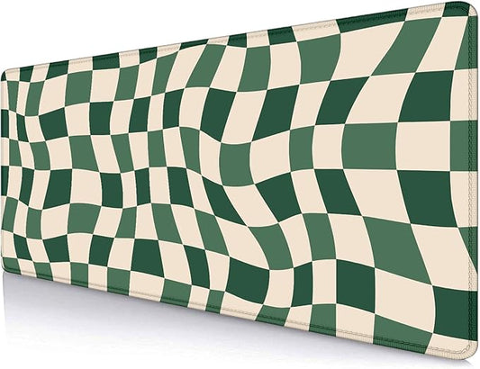 Sage Green Checkered Desk mat, Retro Boho Extra Large Mouse Pad, Abstract Wavy Desk Protector Pad, Minimal Pattern Aesthetic Writing Mat for Computer & Laptop Home Office, 31.5 X 11.8 in