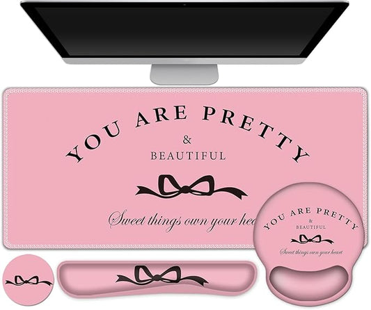 Gaming Mouse Pad, Large Desk Mat, Cute Desk Pad Protector, 4in1 XXL Mousepad + Keyboard Wrist Rest+Mouse Wrist Rest+Coaster Set with Ergonomic Desk Pad for Home Office Table Computer, Pink Pretty Bow