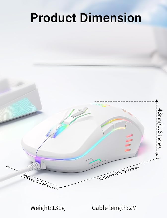 Wired USB Mouse, Computer Mouse with RGB Lighting, 4 Adjustable DPI, Ergonomic Optical Office Mouse, 7 Buttons Corded Mice for Window/PC/Laptop/Desktop/Mac/Chromebook, White