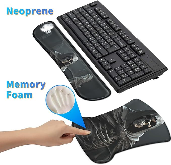Ergonomic Mouse Pad with Wrist Support Gel, Upgrade Keyboard Wrist Rest Pad Set, Cool Skull