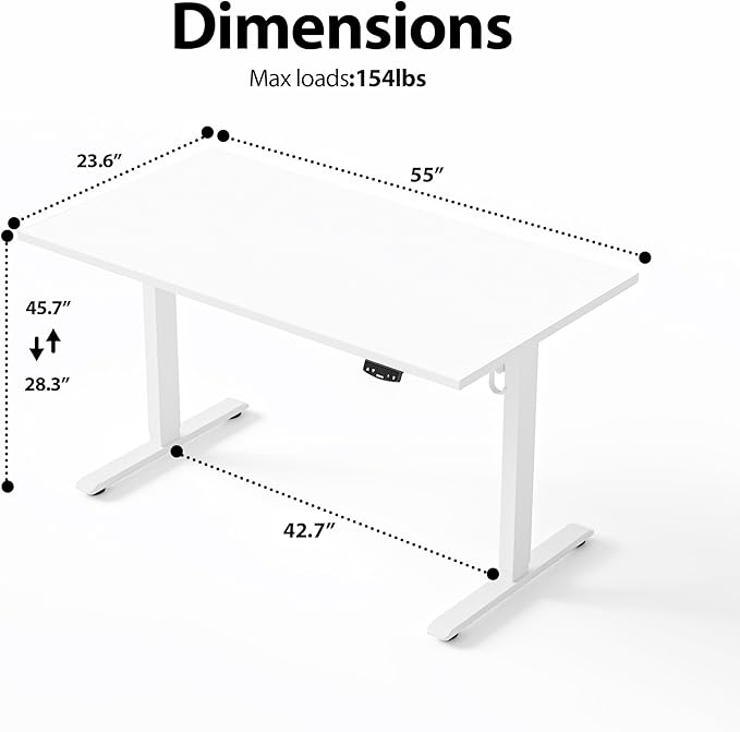 Agilestic Electric Standing Desk, 55 x 24 Inches Height Adjustable Desk, Sit Stand up Desk for Work Office Home, Splice Board, White