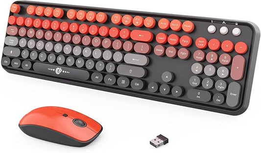 Wireless Keyboard Mouse Combo,104 Round Keys Cute Colorful Keyboard with Retro Typewriter Style,Letton Full Size Keyboard with Number Pad&Mouse with 3 DPI for PC Mac Laptop Computer Windows-Orange