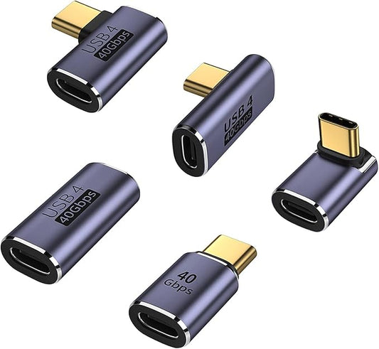 AreMe 5 Pack USB C Adapter, 90 Degree Up&Down, Left&Right Angle USB Type C Male to Female Extender, Female to Female Coupler for Steam Deck, ROG Ally, Switch, MacBook Pro/Air and More (Purple)