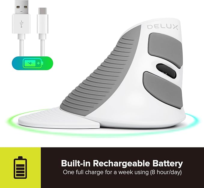 DELUX Ergonomic Vertical Mouse Wireless, Rechargeable Vertical Mouse, Bluetooth/2.4G Dual Mode, Slient Click, Removable Wrist Rest, 800/1200/1600DPI Levels, 6 Buttons, for Laptop/PC (M618G DB-White)