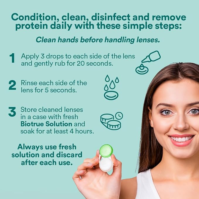 Biotrue Contact Solution, Multi-Purpose Solution with Lens Case, Cleans, Conditions, Hydrates, Disinfects, Removes Protein, Dirt & Debris, Contact Lens Cleaner & Storage, 10 Fl Oz (Pack of 1)