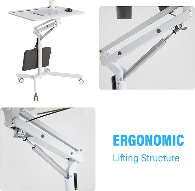 Lipo Mobile Sit Stand Desk - Height Adjustable Standing Laptop Desk Cart Rolling Couch Table on Wheels White Workstation with Gas Spring Riser for Home Office Classroom