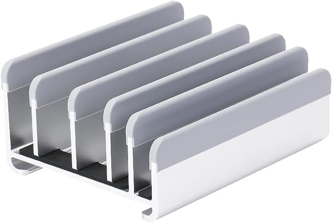 Elestoria 5- Slot Vertical Laptop Stand - Aluminum Laptop Stand Vertical for Desk - Adjustable Width (12-38mm) Fits MacBook Pro/Air, Surface & Gaming Laptops upto 17.3"-Heavy Duty Laptop Holder-Silver