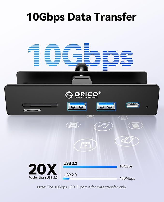 ORICO USB Hub 3.2, Clamp USB-Hub with Extra Power Supply Port, 10Gbps Aluminum 5-Port USB Extender with 2 USB-A 3.2 Ports, USB-C 3.2, SD/TF Card Reader 3.0, USB-3.2 Splitter for Monitor, Desk
