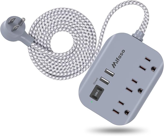 Cruise Ship Essentials - 5Ft Flat Extension Cord with Multiple Outlets, Power Strip USB Charging Station with Non Surge Protector for Cruise Ship, Travel, Dorm Room Essentials, Grey