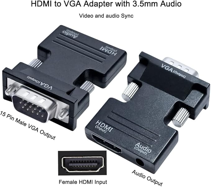 DTECH Directional HDMI to VGA Adapter with 3.5mm Audio Port (Laptop HDMI Source Output to VGA TV) for Old Computer Monitor PC Projector 1080P Video (Female HDMI in, Male VGA Out)