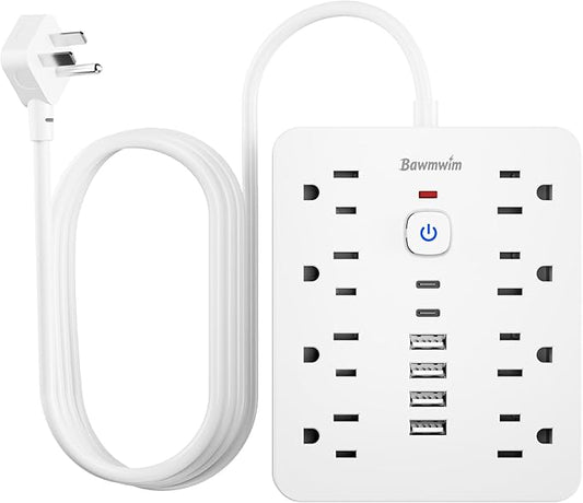 Surge Protector Power Strip - 8 Outlets(1250W/10A) 4 USB A（2 USB C, 6FT Flat Plug Extension Cord, Wall Mount Multi Plug Outlet Extender, ETL Listed for Home, Dorm Room