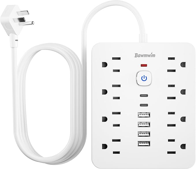 Surge Protector Power Strip - 8 Outlets(1250W/10A) 4 USB A（2 USB C, 10FT Flat Plug Extension Cord, Wall Mount Multi Plug Outlet Extender, ETL Listed for Home, Dorm Room