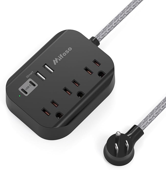 Travel Essentials - 1Ft Power Strip with USB, Compact Flat Plug Extension Cord with 3 Outlets 4 USB Ports, Non Surge Cruise Must Haves, Cruise Ship Essentials, Dorm Room, Apartment Essentials