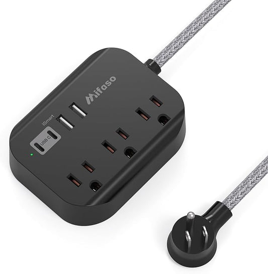 Travel Essentials - 1Ft Power Strip with USB, Compact Flat Plug Extension Cord with 3 Outlets 4 USB Ports, Non Surge Cruise Must Haves, Cruise Ship Essentials, Dorm Room, Apartment Essentials