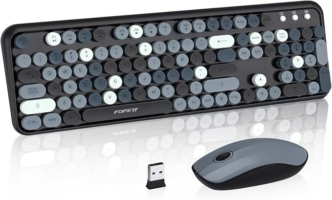 Cute Retro Wireless Keyboard and Mouse Combo with Round Key, 2.4Ghz Dropout-Free Connection, Typewriter Wireless Keyboard and Mouse Set for PC, Laptop, Desktop Computer - Grey Colorful