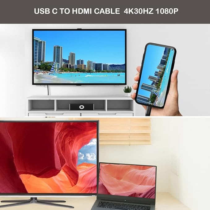 USB C to HDMI Cable 25FT 4K30HZ,Thunderbolt 3/4 to HDMI Cable Compatible with Galaxy S22 /S20, MacBook Pro/Air 2020, iPad Pro 2021/2020, Surface Book 2, XPS 15,iphone15 pro and iphone15pro max