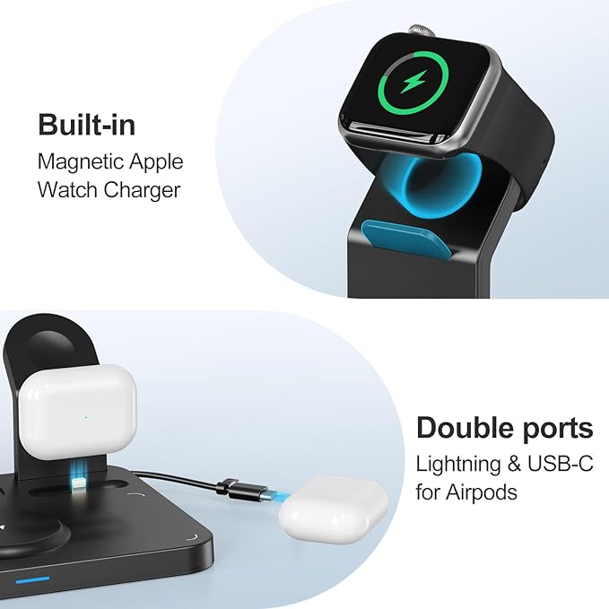 ANJANK Wireless Charging Station,5 in 1 Multiple Charger Stand with Alarm Clock,7 Night Light,Mag-Safe Charging Dock for iPhone 17 16 15 14 13 12 Pro Max Plus,Apple Watch 11/10/9/8,for Airpods,Bedroom