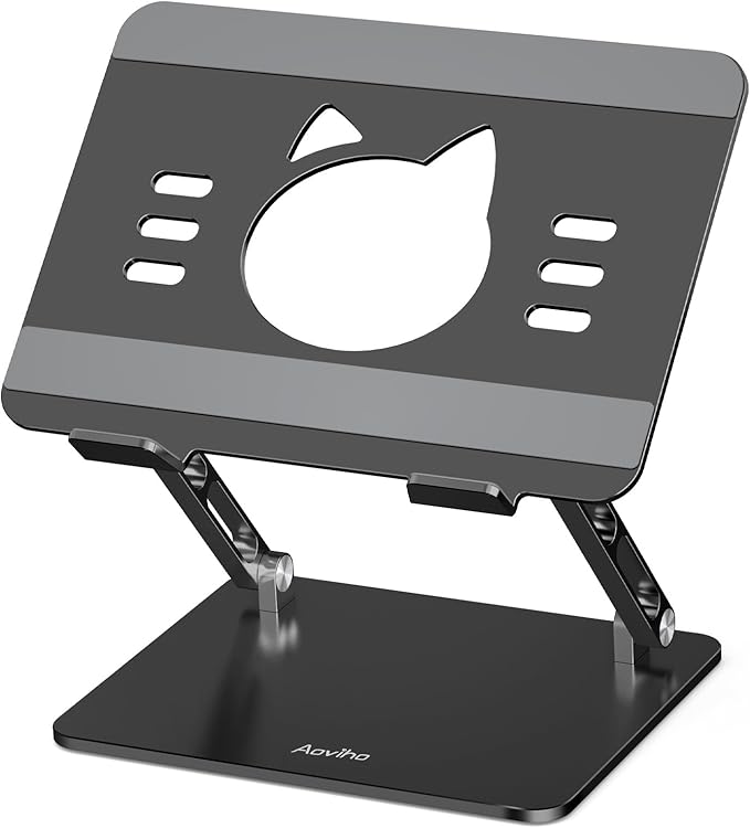 Laptop Stand for Desk – Adjustable Aluminum Laptop Riser with Unique Cat-Shaped Cooling Vent, Portable Desk Gift & Decor, Compatible with MacBook Air Pro, Dell, HP, Lenovo (10"-17.3"), Black