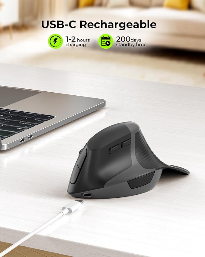 seenda Ergonomic Mouse Rechargeable, Multi-Device Connection（2.4G&Type C, Vertical Wireless Mouse with Instant Desktop Return Key, Palm Rest, Anti-Slip Optical Mice for Mac OS, Windows, Black