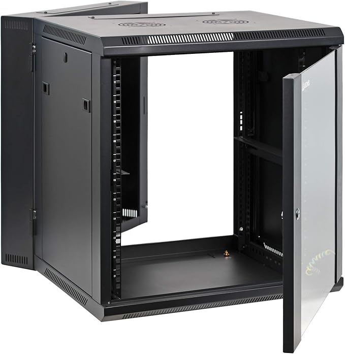 AEONS Depot 12U Professional Wall Mount Server Cabinet Enclosure Double Section Hinged Swing Out 19-Inch Server Network Rack with Locking Glass Door Black (Fully Assembled)