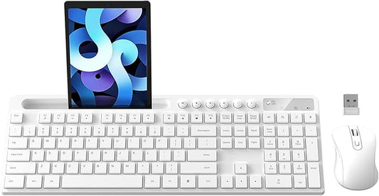 Wireless Keyboard and Mouse Combo, MARVO 2.4G Ergonomic Wireless Computer Keyboard with Phone Tablet Holder, Silent Mouse with 6 Button, Compatible with MacBook, Windows (White)