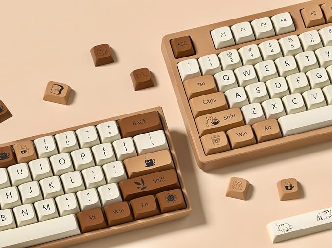 dagaladoo Brown PBT Keycaps 140 Keys XDA Profile Cute Key caps Dye-Sublimation Coffee Cat Keycaps Set Custom Key caps for Cherry Gateron MX Swithes Mechanical Keyboard(Spacebar is 6.25U/7U)