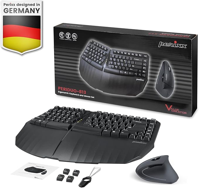 Perixx PERIDUO-813B US, Wireless Ergonomic Compact Keyboard & Vertical Mouse - Bundle with a 6-Button Ergonomic Vertical Mouse - Black - US English…