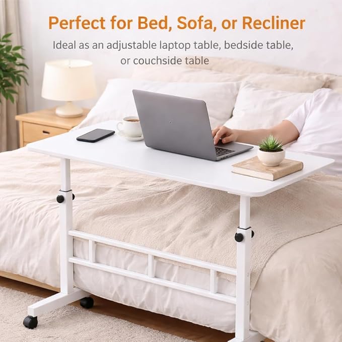 Mobile Standing Desk Adjustable Height for Laptop – Small Rolling Desk & Portable Table on Wheels – Small Standing Table with Wheels for Home Office (White)