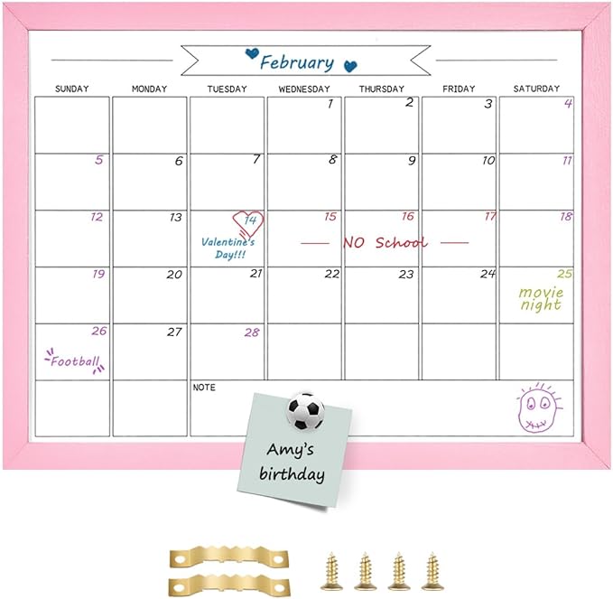 TORASO Dry Erase Monthly Calendar Board, Magnetic Whiteboard for Wall, Office/School/Home, Solid Wood Pink Frame Hanging Board 13"x 17"(YL-Pink-3343-B)