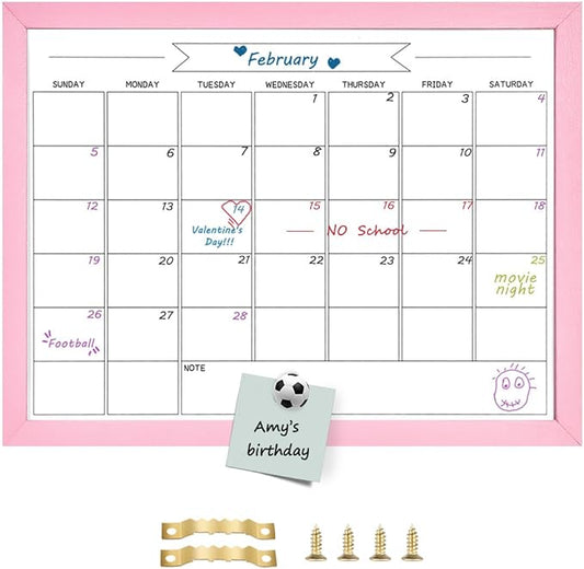 TORASO Dry Erase Monthly Calendar Board, Magnetic Whiteboard for Wall, Office/School/Home, Solid Wood Pink Frame Hanging Board 13"x 17"(YL-Pink-3343-B)