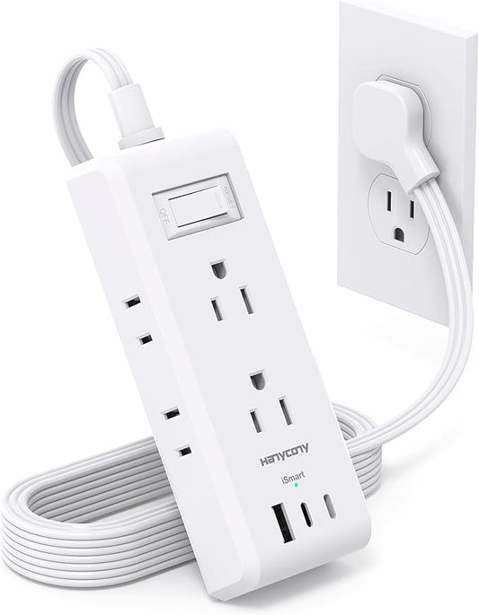 Extension Cord 15 Ft, HANYCONY Flat Plug Long Cord Power Strip, Ultra Thin Extension Cord, 6 Outlets 3 USB Ports(2 USB C), Outlet Extender with Wall Mount for Home Office Desk Accessories