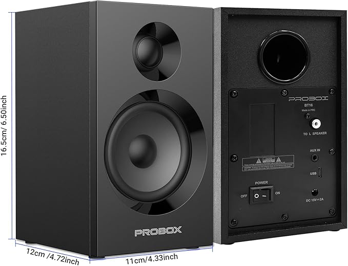 Powered Bookshelf Speakers HiFi Computer Gaming Monitors with Bluetooth 5.3 & 24-Bit USB DAC Stereo Speaker PC Speakers 3.5" Woofer,1" Silk Dome Tweeter, Adjustable Bass/Treble BT16-Black