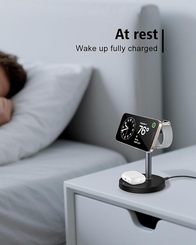 3 in 1 Magnetic Wireless Charging Station, 15W Fast Charger Stand for iPhone, Phone Charger Stand for Desk Nightstand, for iPhone 17/16/15/14/13/12, Apple Watch & AirPods, 18W Adapter Included -Black