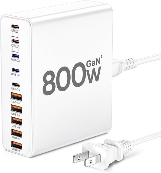 800W USB C Charger Block,10-Port Charging Station GaN Fast Charging Type C & USB A Wall Charger Adapter for MacBook Pro/Air,iPhone,iPad,Dell XPS,Samsung Galaxy(White)