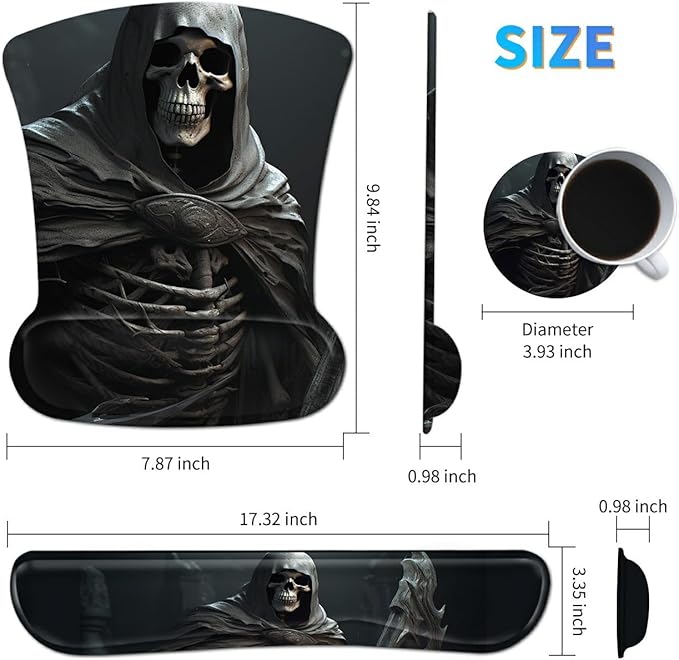 Ergonomic Mouse Pad with Wrist Support Gel, Upgrade Keyboard Wrist Rest Pad Set, Cool Skull