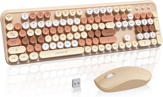 FOPETT Wireless Keyboard and Mouse Combo, 105 Keys Full-Sized 2.4 GHz Round Keycap Colorful Keyboards, USB Receiver Plug and Play, for Windows, Mac, PC, Laptop, Desktop (Milkteacolorful)