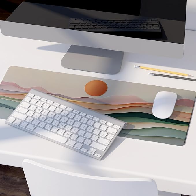 Aesthetic Boho Abstract Sunset Mouse Pad,XL Large Minimalist Pastel Layered Landscape Desk Mat,Summer Sun Mousepad for Home Office Dorm Desktop Decor,31.5x11.8 Inch