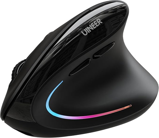 Uineer Ergonomic Mouse, Wireless Bluetooth Rechargeable Vertical Mouse, 7 Color LED, 4 DPI Adjustable, USB-A, Wrist Strain Relief,Optical Mice for Computer/PC/Laptop, Black
