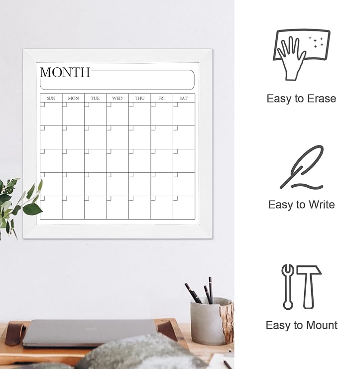 Monthly Calendar Dry Erase Board for Wall, 11.8" x 11.8" Magnetic Surface Whiteboard with White Wooden Frame, Hanging White Board Calendar for Decor/Memo(YL-WH,3030)